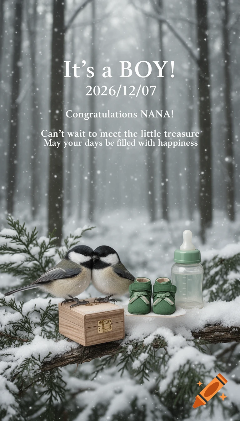 Gender reveal illustration in a snowy forest with two birds, baby shoes, a bottle, and text 'It's a BOY! 2026/12/07 Congratulations NANA!'