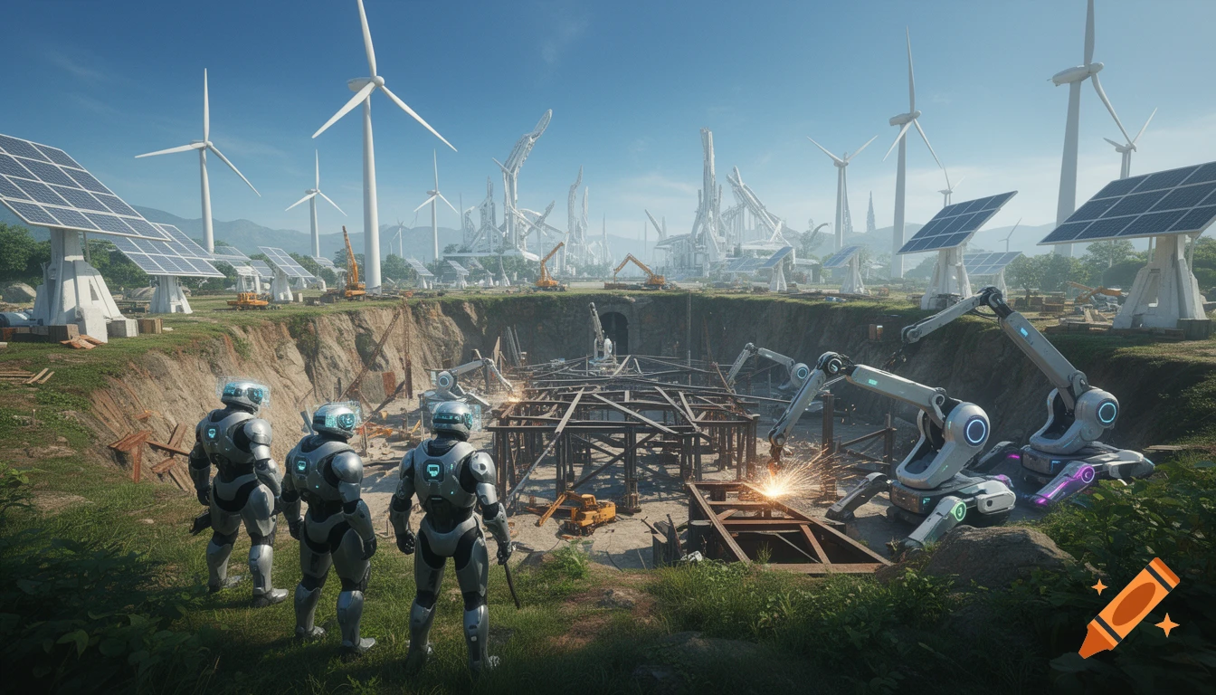 Three futuristic soldiers overlook a large construction pit with robots, steel beams, solar panels, and wind turbines in a solarpunk landscape.