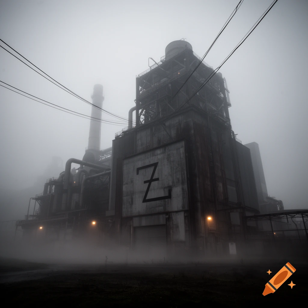 Dark, ominous industrial building with a large 'Z' symbol on its facade, shrouded in thick fog.