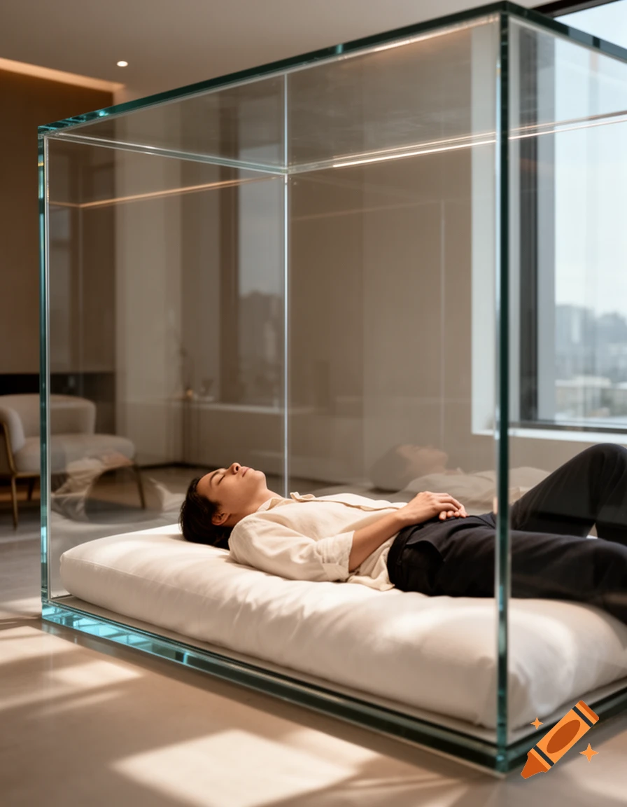 A person lies on a mattress inside a large, clear glass box in a modern room with large windows, sunlight casting shadows.