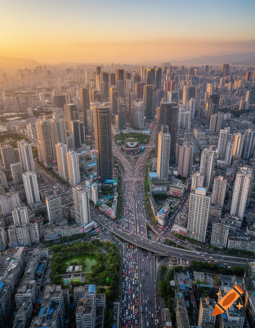 Aerial photorealistic view of a dense city at sunset with towering skyscrapers and a complex highway filled with traffic.