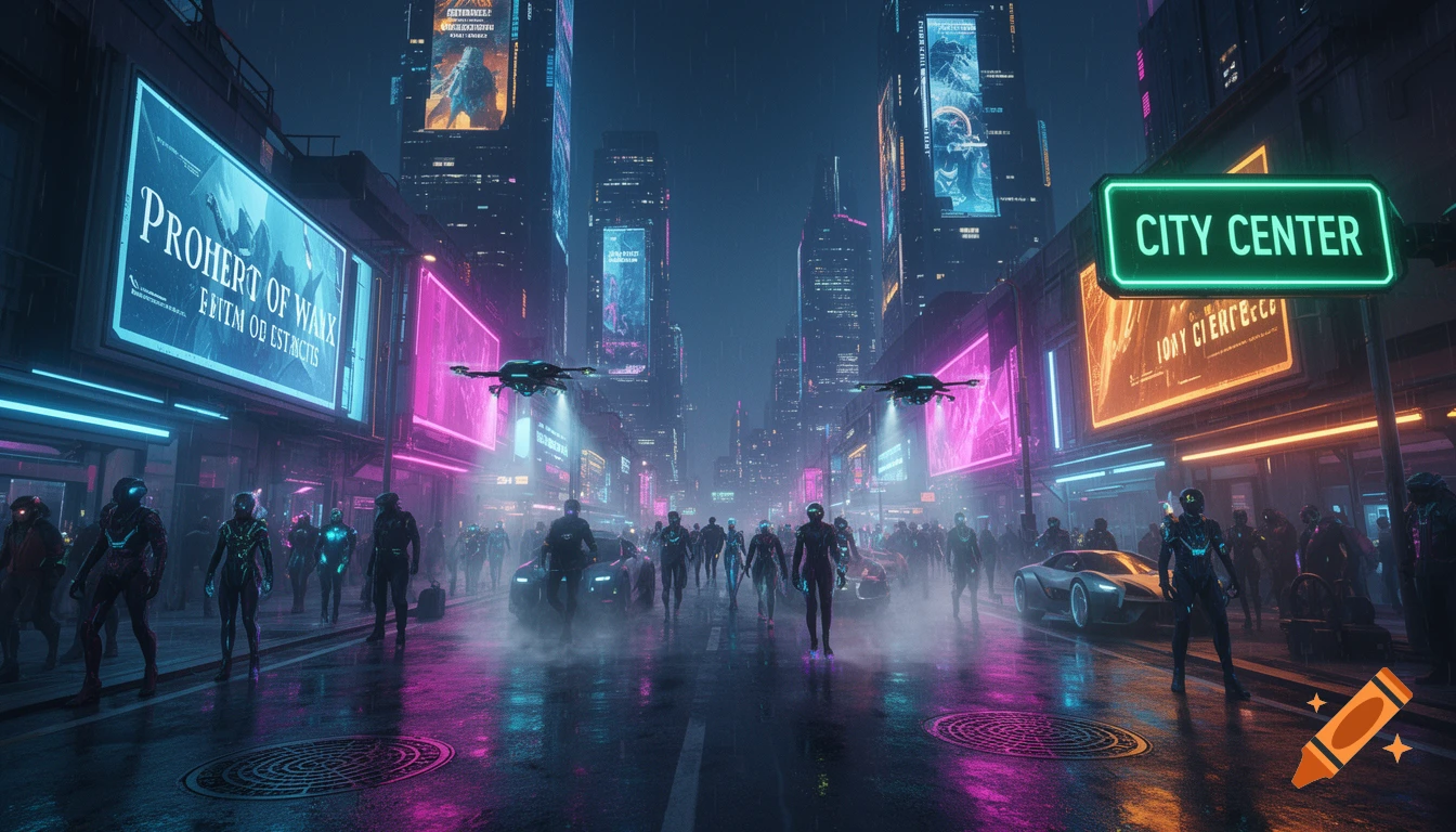 A vibrant, neon-lit cyberpunk city street at night, with futuristic vehicles, drones, and people walking in the rain.