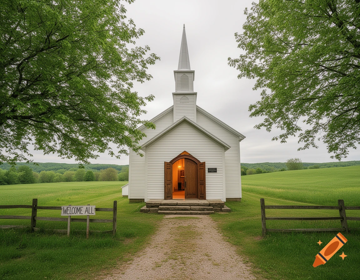 A white church with a steeple stands in a green field, a dirt path leading to its open wooden doors, with a sign reading "WELCOME ALL" by a fence.