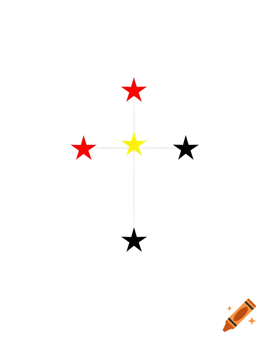 A central yellow star connected by lines to two red stars and two black stars on a white background, in a vector style.