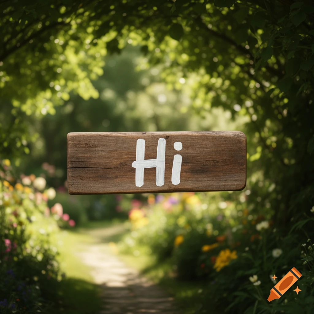 A wooden sign with the word "Hi" in white, floating above a sunny garden path surrounded by lush green foliage and colorful flowers.