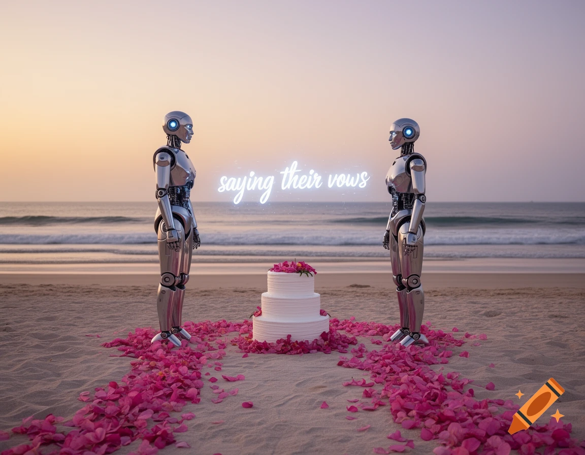 Two metallic robots stand facing each other on a sandy beach at sunset, with a three-tier wedding cake and scattered pink rose petals between them. Neon text above reads "saying their vows."