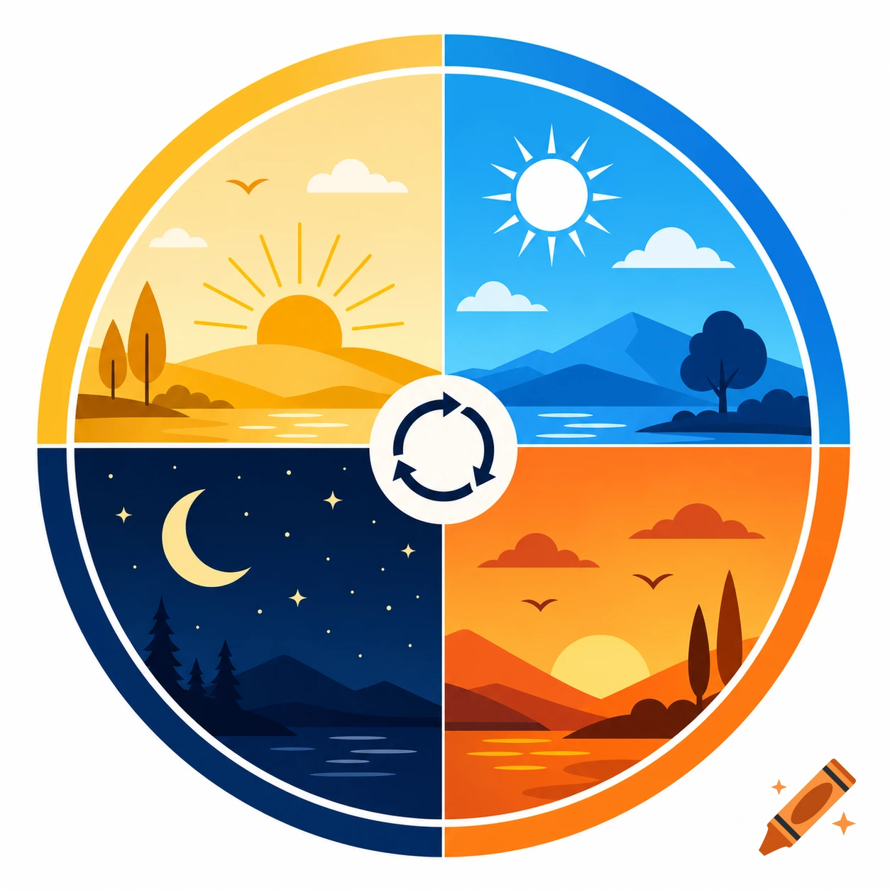 Stylized circular illustration of a day-night cycle with morning, noon, evening, and night scenes and a central cycle icon.