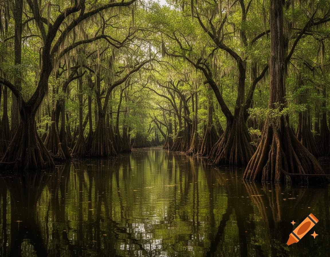 Tranquil swamp with cypress trees reflected in dark water under a canopy of green leaves and Spanish moss.