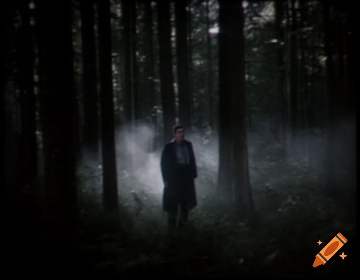 A man in a dark coat stands in a dark, foggy forest, rendered in a low-quality, filmic style.