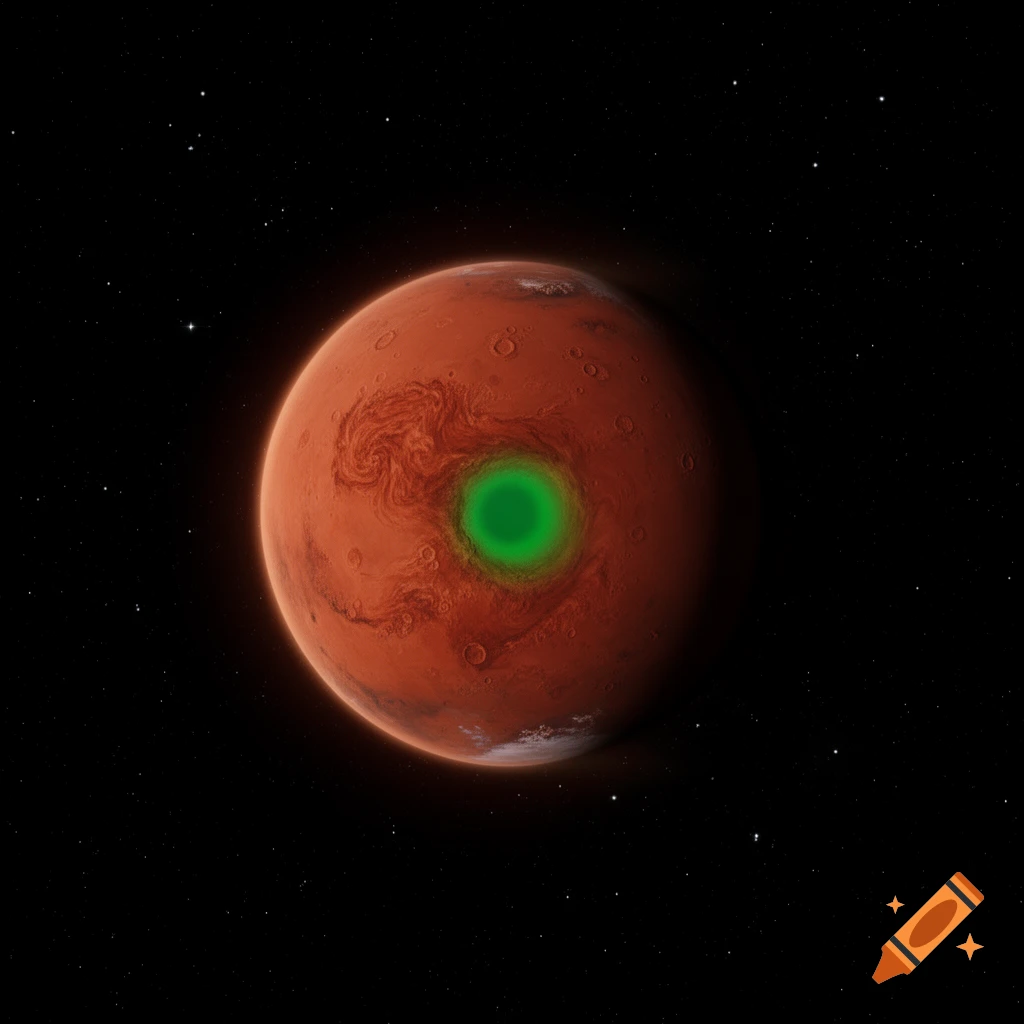 A red planet with a bright green circular anomaly at its center, seen against a starry black space background.