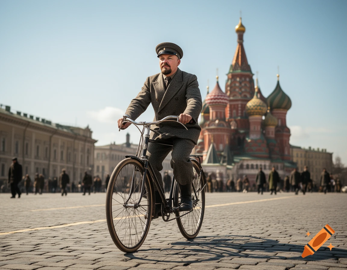 A man resembling Lenin in a military-style uniform rides a bicycle across a cobblestone square with Saint Basil's Cathedral in Moscow in the background.