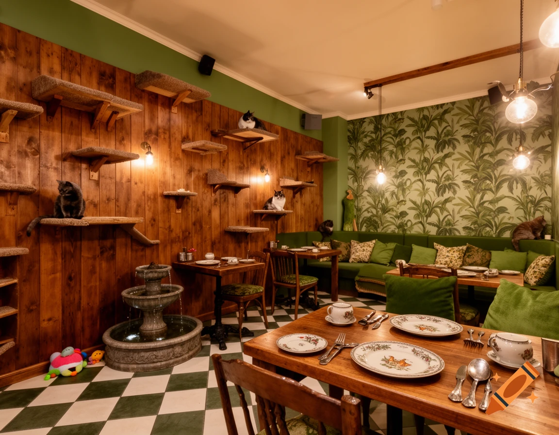 A cozy cat cafe with wooden walls, cat shelves, a small fountain, green seating, and checkered floors, with several cats resting.