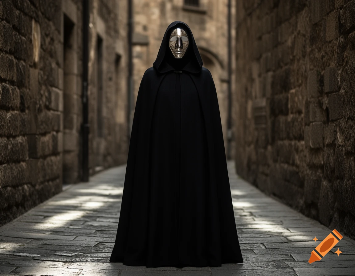 A mysterious figure in a black hooded cloak and a silver mask stands in a narrow, shadowed cobblestone alley.