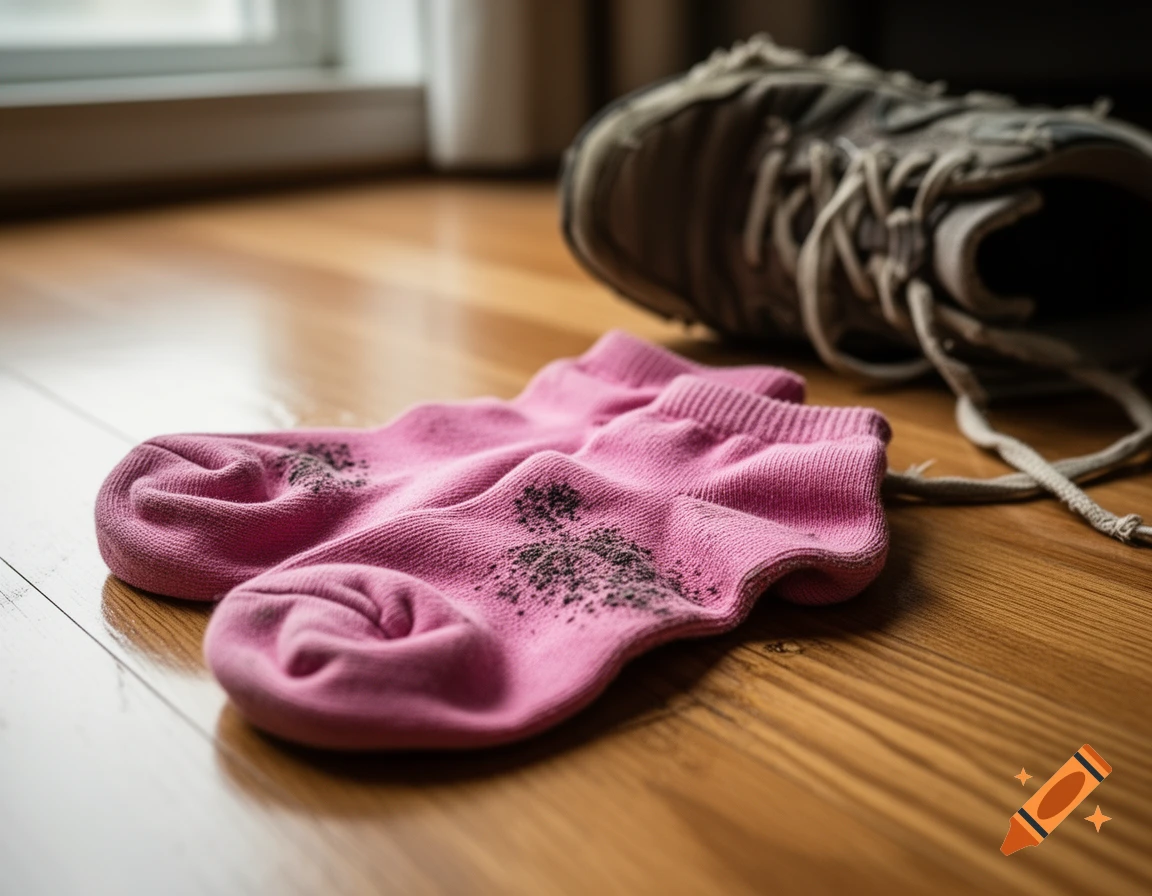 A crumpled pair of dirty pink socks and a gray running shoe lie on a polished wooden floor, photorealistic style.