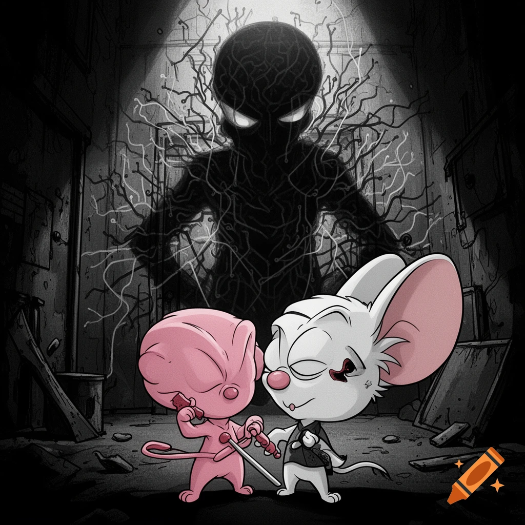 Pinky and Brain as samurai in a dark, gritty room, with a large, shadowy, veiny figure looming behind them.