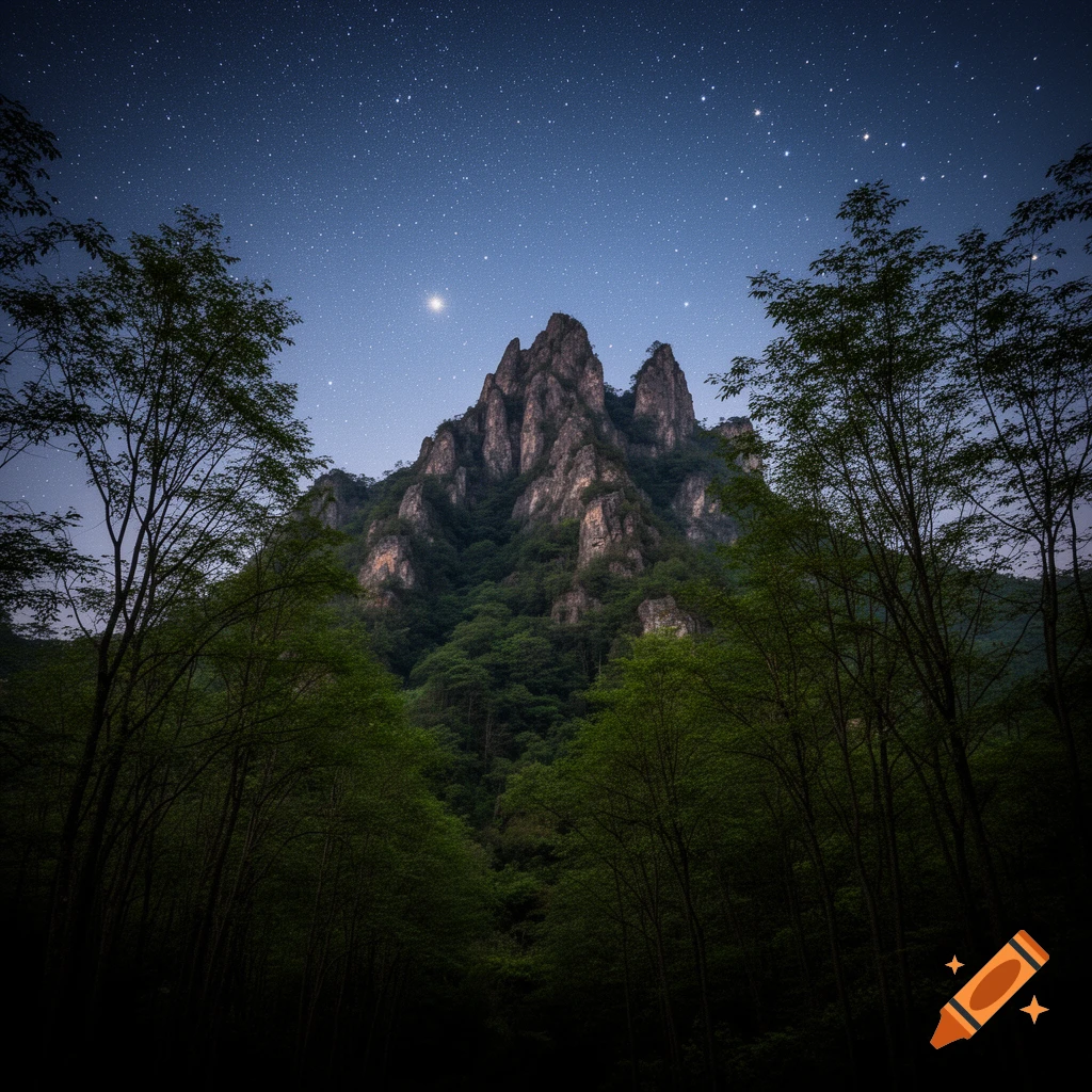 A majestic, tree-covered mountain under a brilliant starry night sky, with a bright star visible.