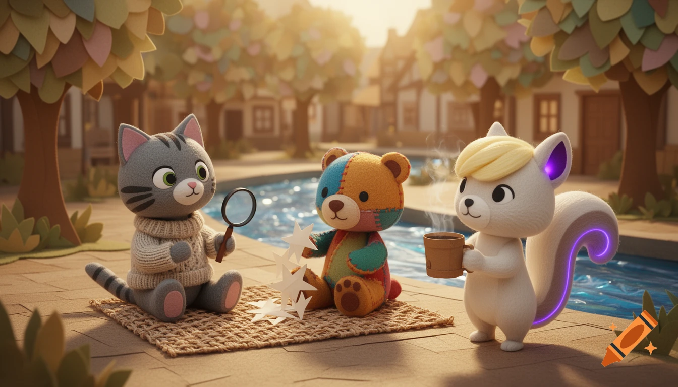 Paper-craft scene of a cat with a magnifying glass, a patchwork bear, and a white squirrel sipping coffee in a sunny village square.