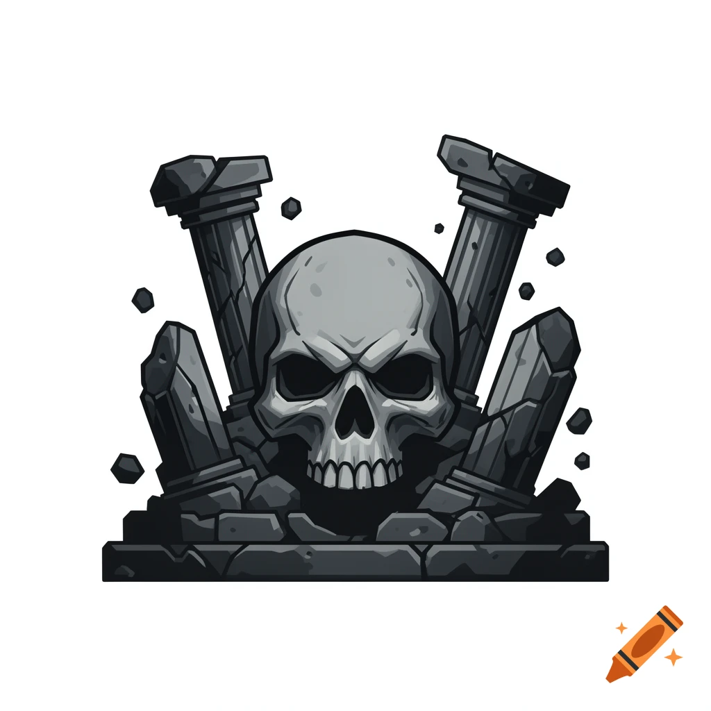 A stylized grey skull with an angry expression, resting amidst dark grey ruined stone columns and rubble, on a white background.