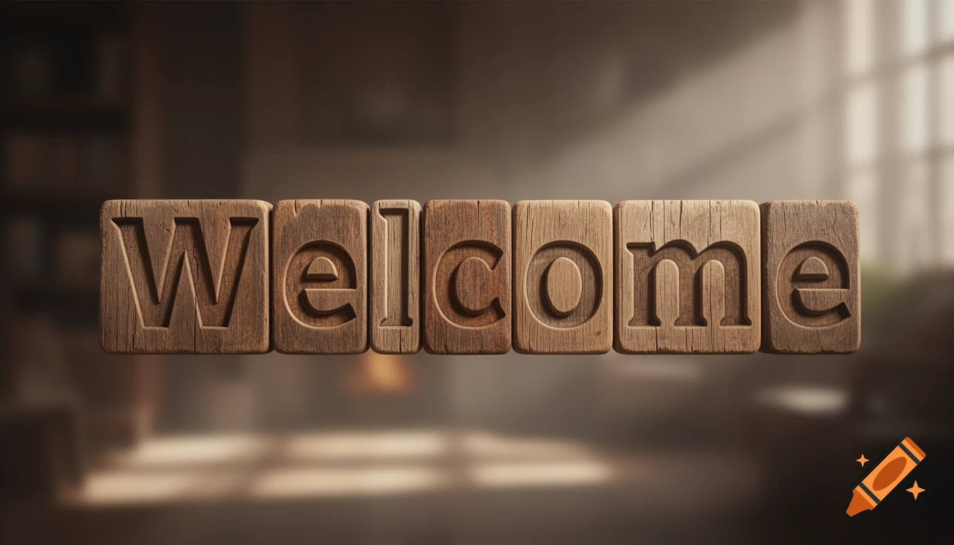 The word 'Welcome' spelled out with individual wooden blocks with carved letters, floating in a softly lit, blurred room.