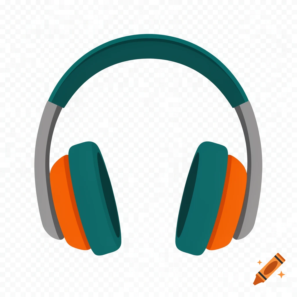 A graphic illustration of headphones in petrol, orange, and gray on a transparent background.
