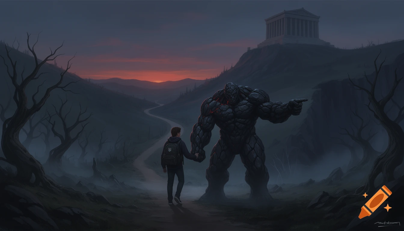 A student and a large rock demon walk hand-in-hand on a winding dirt road through a misty, twilight landscape, with a classical temple on a distant hill.