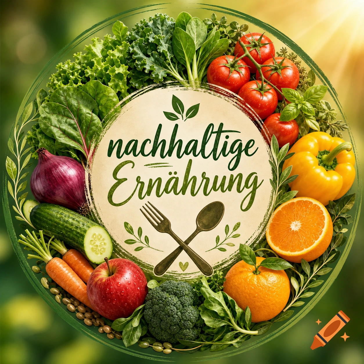 A vibrant circular arrangement of fresh fruits and vegetables surrounds the text "nachhaltige Ernährung" with a fork and spoon, set against a green, sunlit background.
