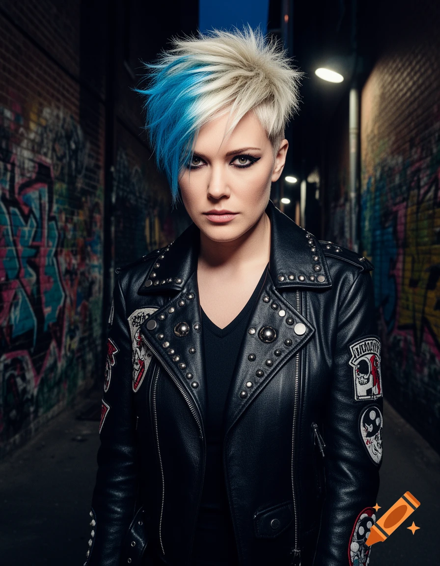 A woman with spiky blonde and blue hair, wearing a studded leather jacket with patches, stands in a graffiti-covered alleyway.