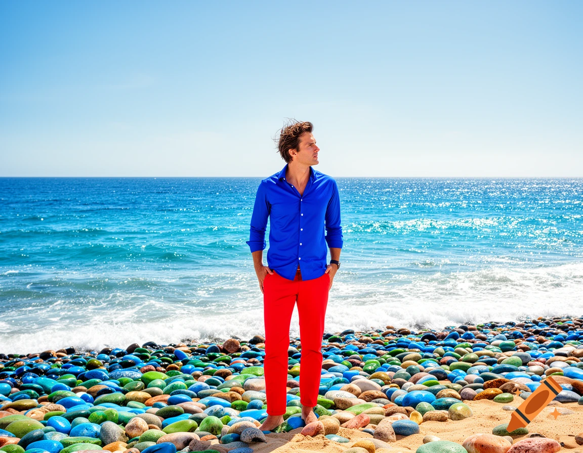 A man in a blue shirt and red pants stands on a beach with colorful pebbles, looking out at the clear blue sea under a bright sky.