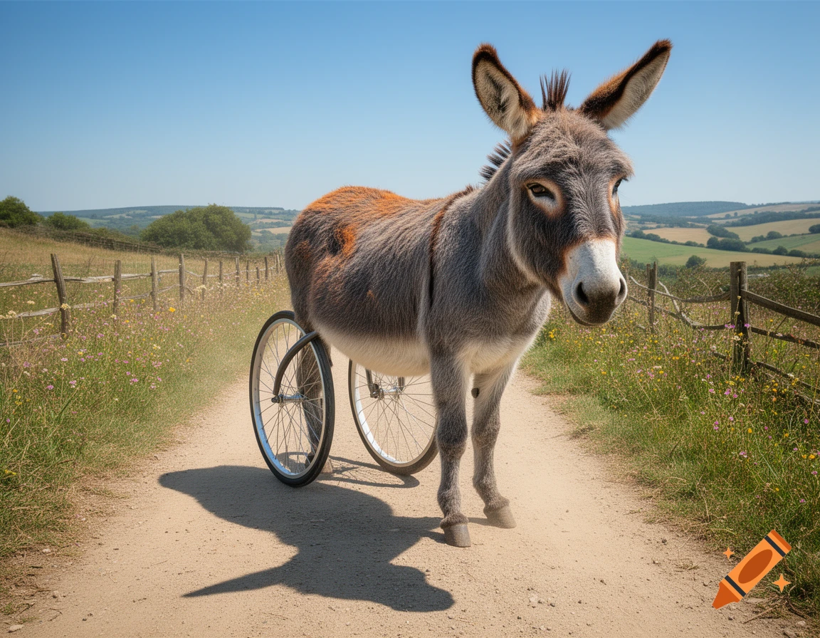 A photorealistic image of a donkey with two bicycle wheels for its hind legs, walking on a dirt road through a sunny rural landscape.