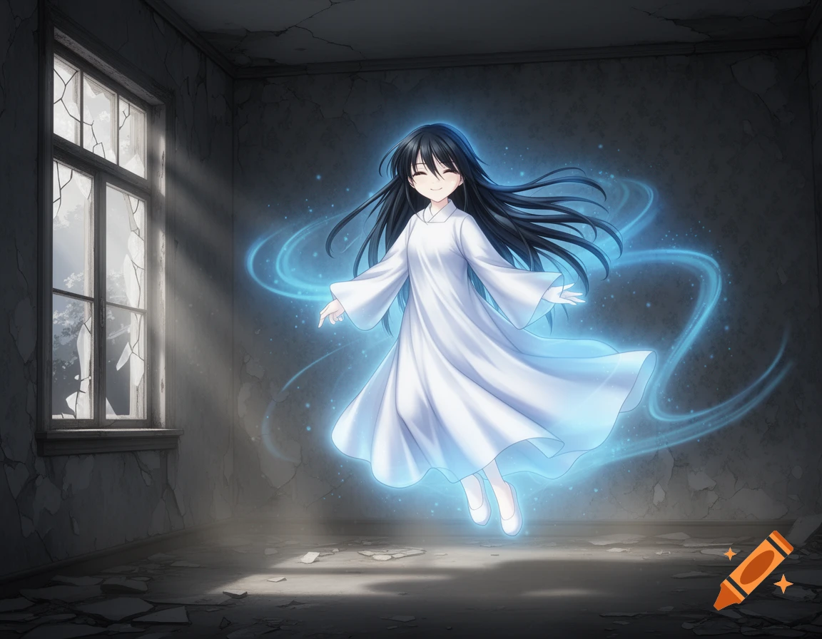 Anime ghost girl in a white robe, smiling and glowing blue, floats in an abandoned room with a broken window.