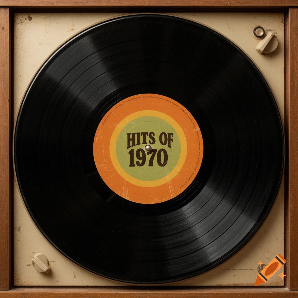 An overhead view of a vintage vinyl record on a turntable, with a label reading "HITS OF 1970" in a retro font.