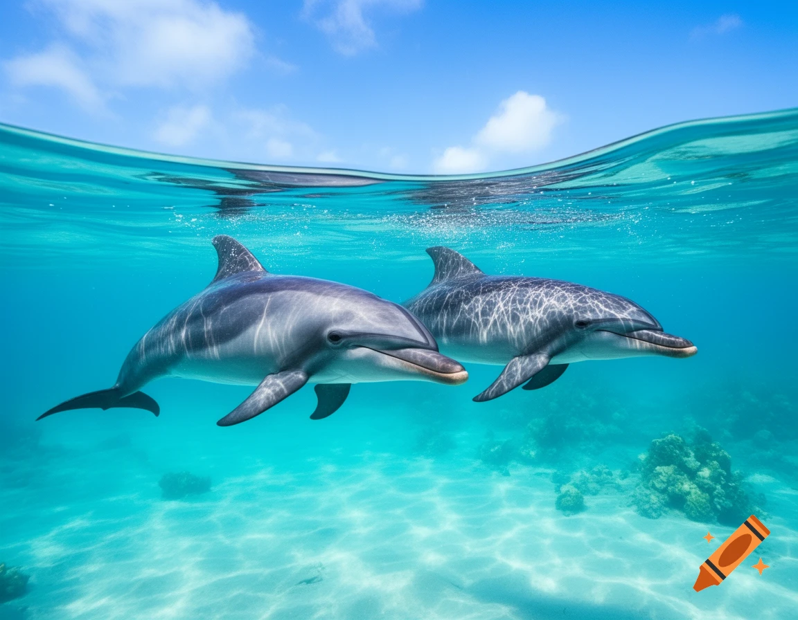 Two photorealistic dolphins swim gracefully in clear turquoise ocean water, with a bright blue sky visible above the surface.