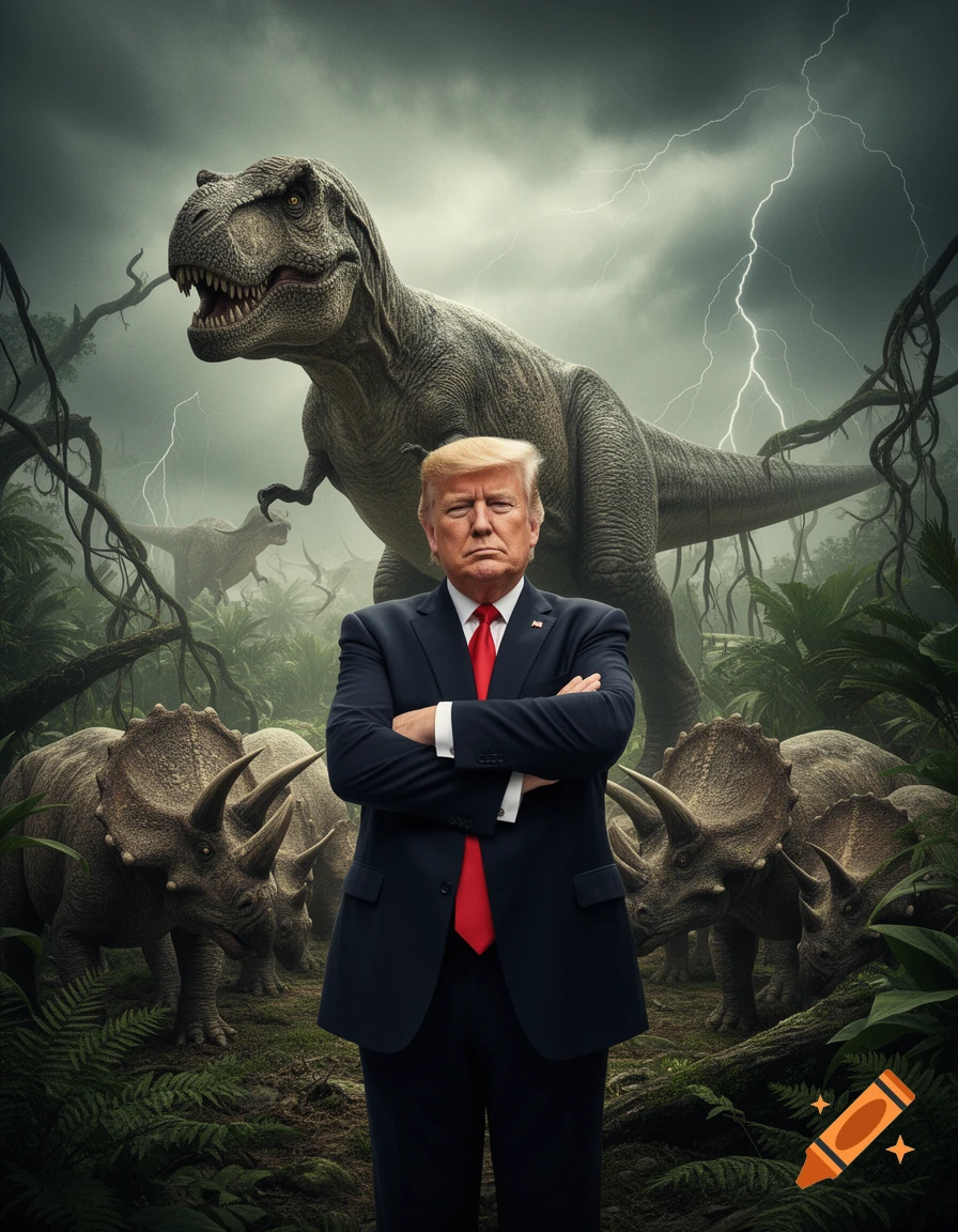 Donald Trump stands with crossed arms in a stormy jungle with a T-Rex and Triceratops dinosaurs.