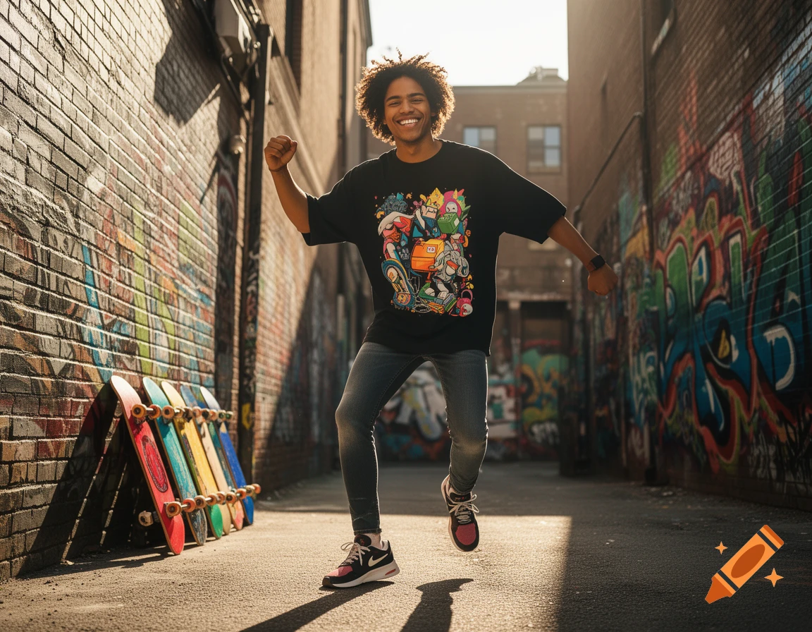 A smiling young man in a graphic t-shirt and jeans leaps in a sunlit graffiti-covered alley, next to colorful skateboards.