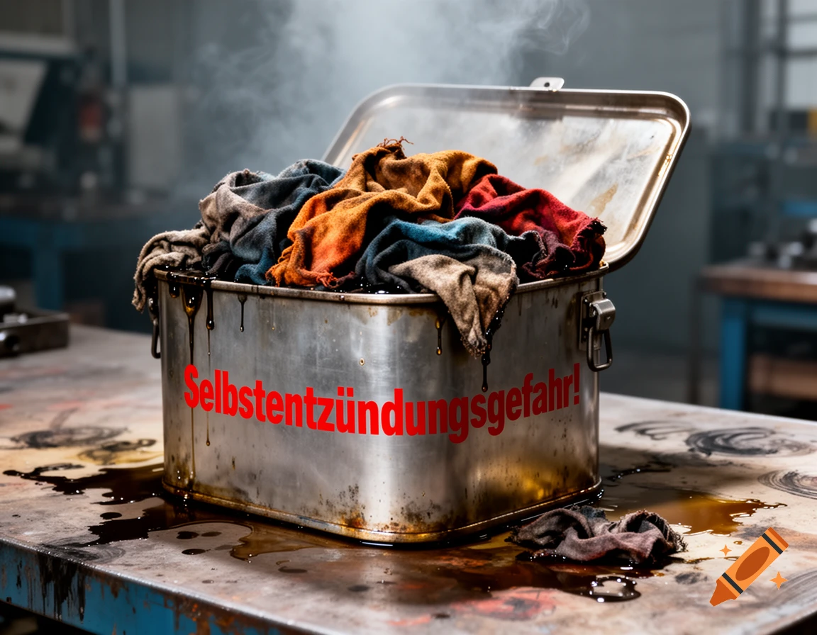 A metal container filled with oily rags smokes on a workbench, with oil dripping and a red warning sign 'Selbstentzündungsgefahr!'.