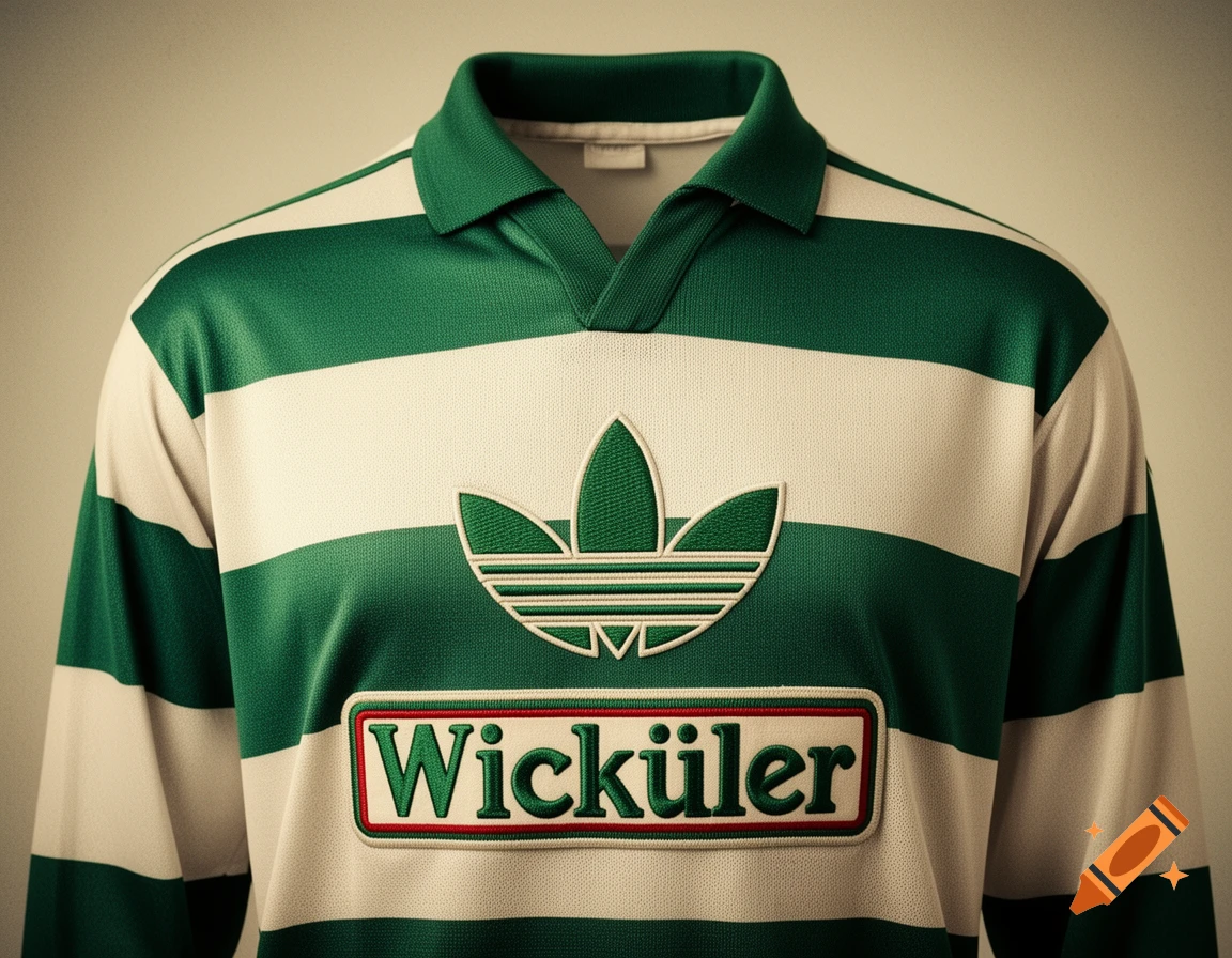 Vintage green and white striped soccer jersey with an Adidas trefoil logo and a 'Wicküler' sponsor patch.