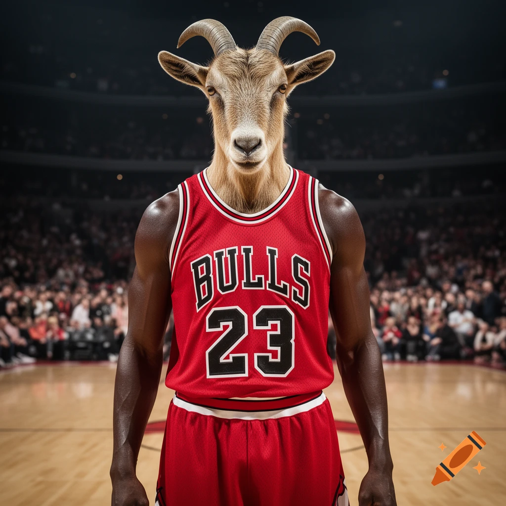 A photorealistic image of a goat-headed figure in a red Chicago Bulls number 23 basketball jersey on a court.