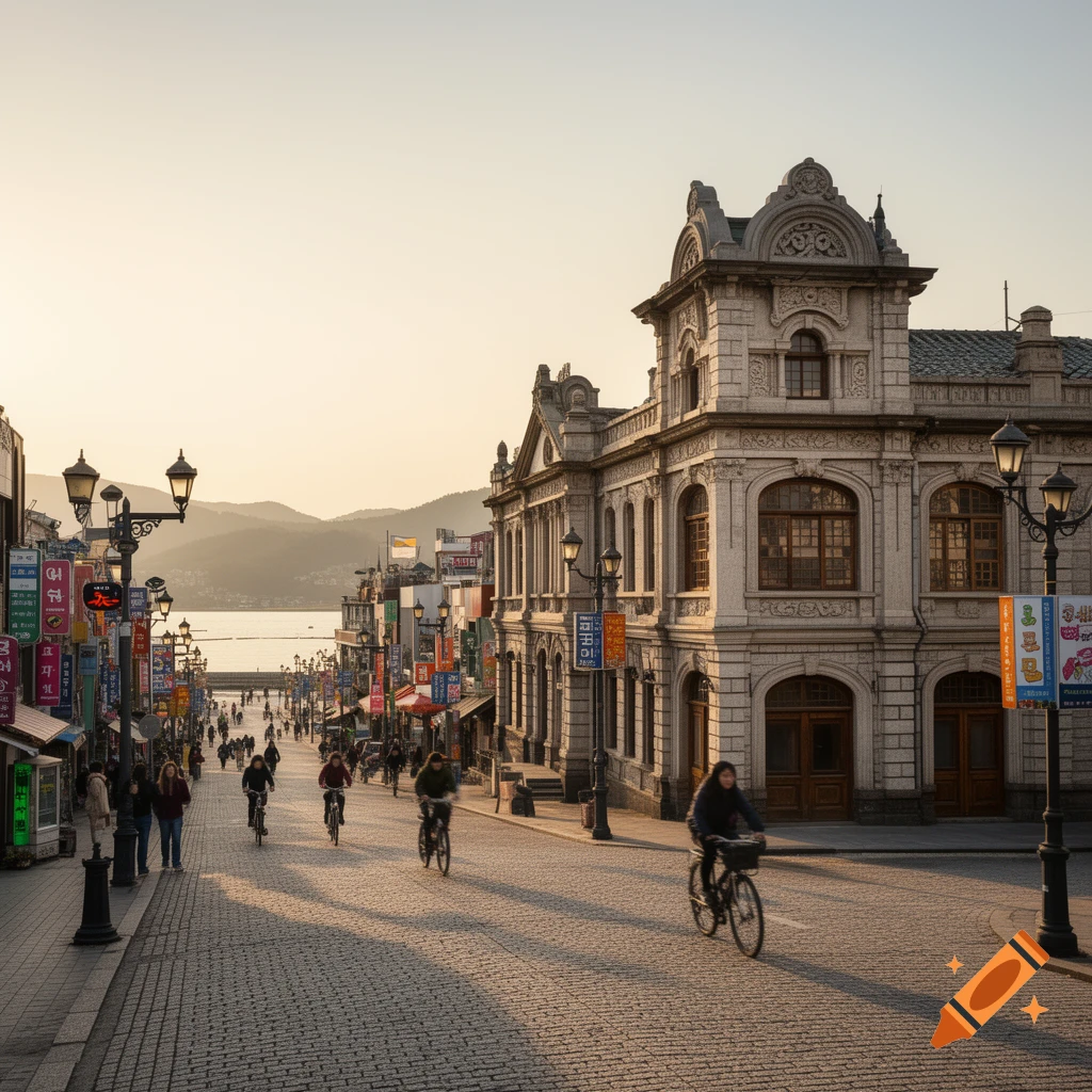 A cobblestone street in a city, lined with historic buildings and shops, with people cycling and walking under a clear, warm sky. Mountains and water are visible in the background.
