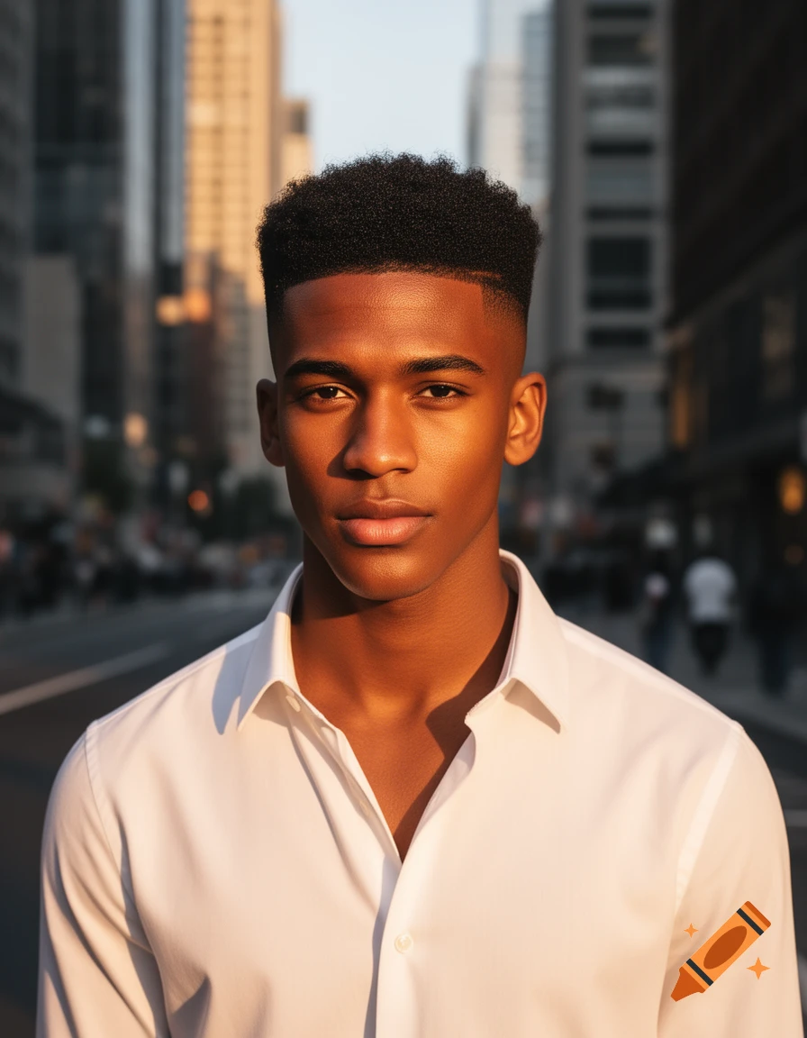 Photorealistic portrait of a young Black man with a low taper fade haircut, wearing a white shirt, standing on a city street at sunset.