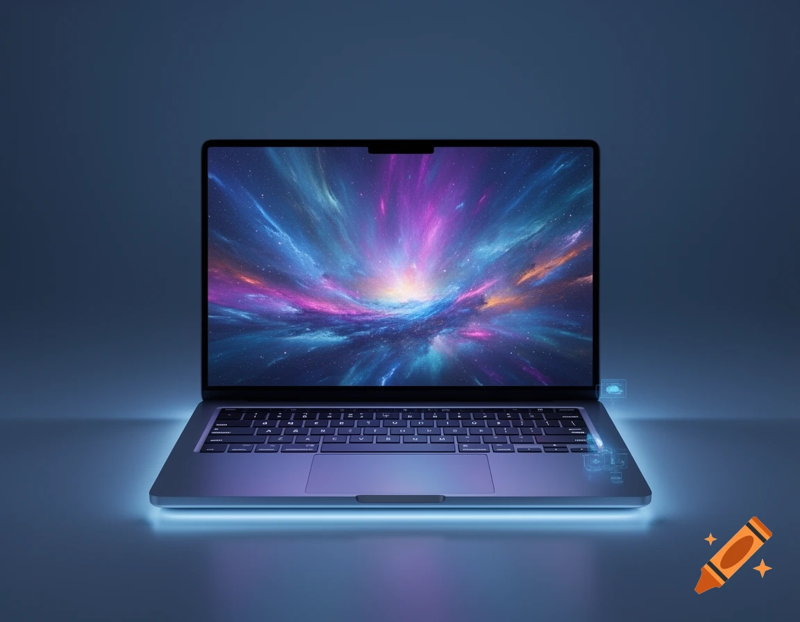 A modern laptop with a vibrant purple and blue galaxy wallpaper on its screen, casting a blue glow on the dark surface below.