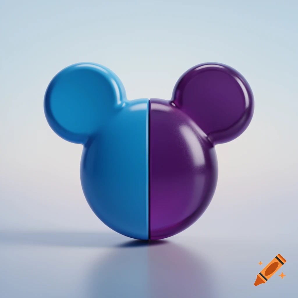 A stylized 3D rendered Mickey Mouse head shape, split down the middle with one half blue and the other purple, on a reflective surface.