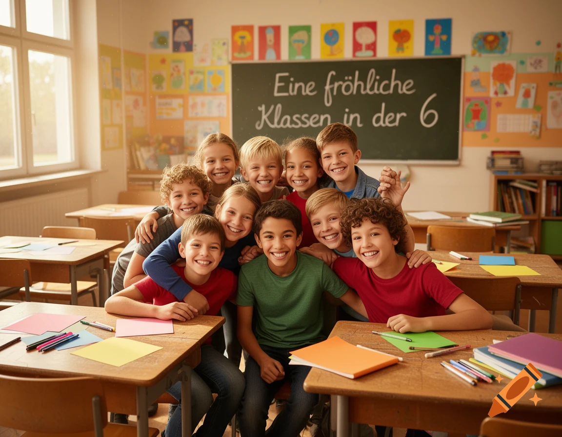 A group of happy children huddle together and smile at the camera in a brightly lit classroom, with "Eine fröhliche Klassen in der 6" written on the blackboard behind them.