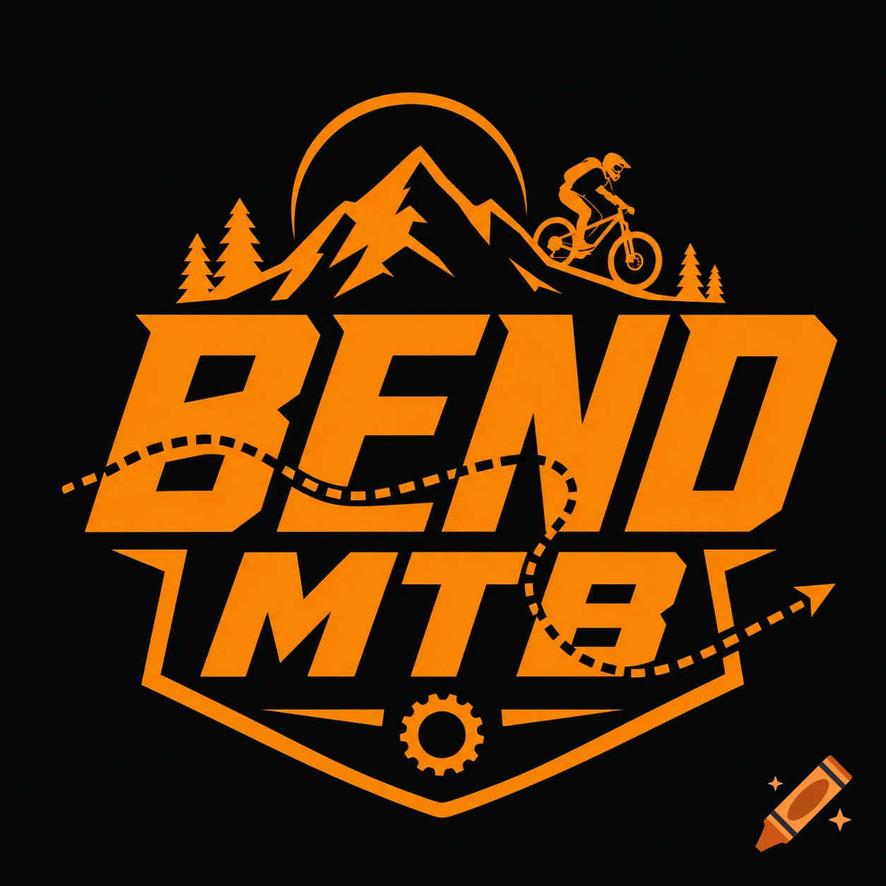 Orange and black mountain biking logo with text 'BEND MTB', mountains, sun, trees, and a biker on a trail.