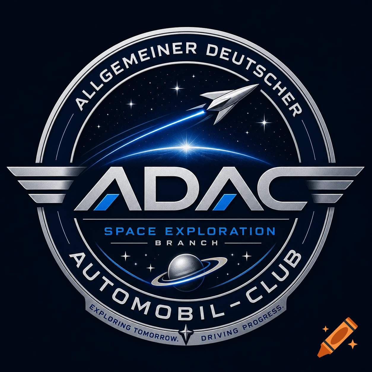 A dark blue and silver ADAC Space Exploration Branch logo with a rocket, planet, and stars, featuring text 'Allgemeiner Deutscher Automobil-Club'.