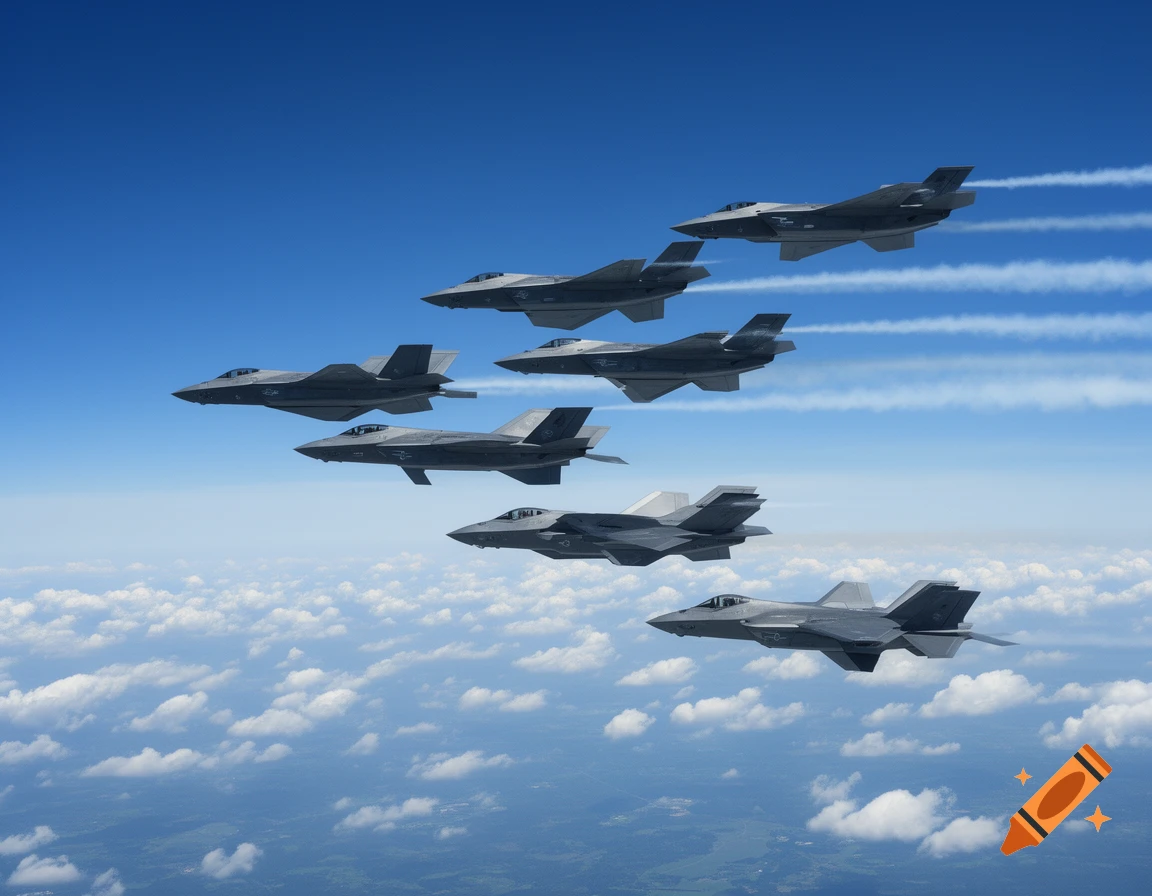 A squadron of grey stealth fighter jets flies in formation above a layer of white clouds under a clear blue sky.