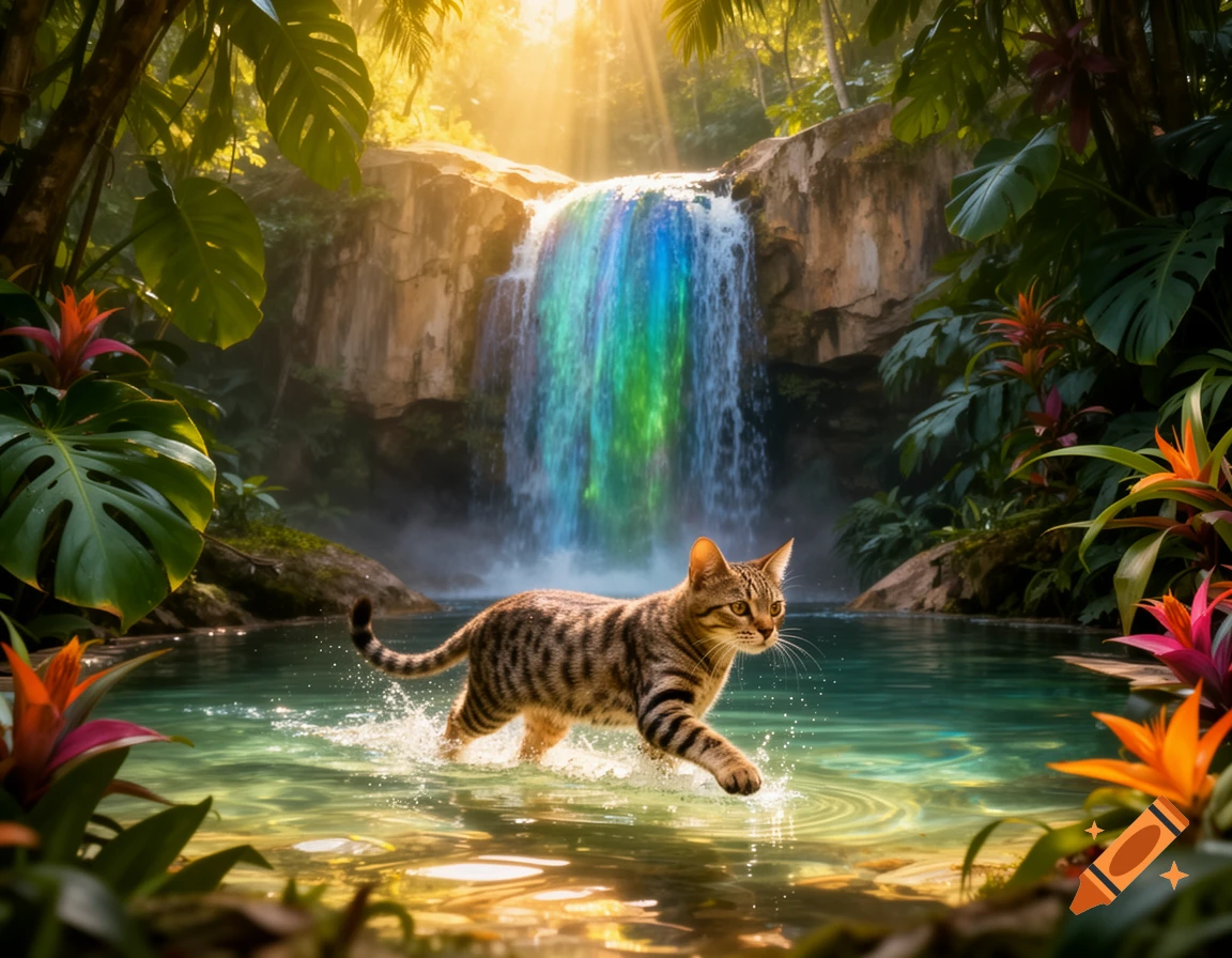 A tabby cat walks through shallow turquoise water in a vibrant tropical jungle with a rainbow-colored waterfall and sun rays.