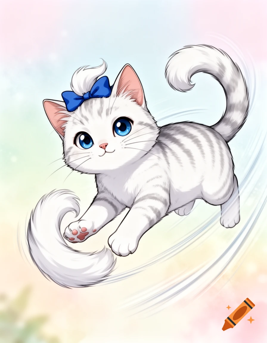 A cute manga-style white and gray striped cat with blue eyes and a blue bow jumps on a soft pastel background.