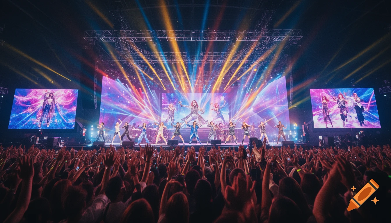 Multiple music groups perform on a brightly lit stage with colorful concert lights. A large crowd with raised hands watches from the foreground.