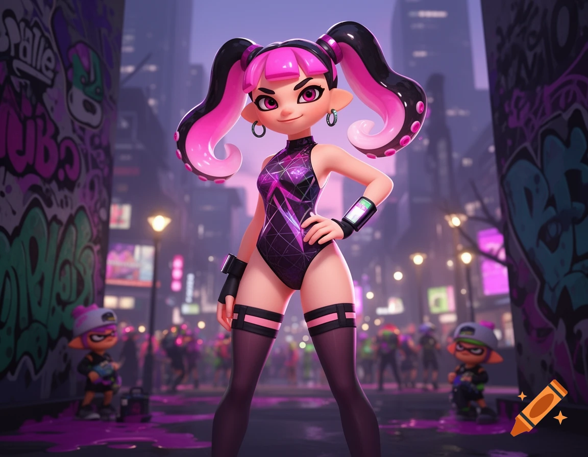 A pink-haired Octoling character in a purple leotard and thigh-high stockings poses confidently in a graffiti-covered urban street at night.