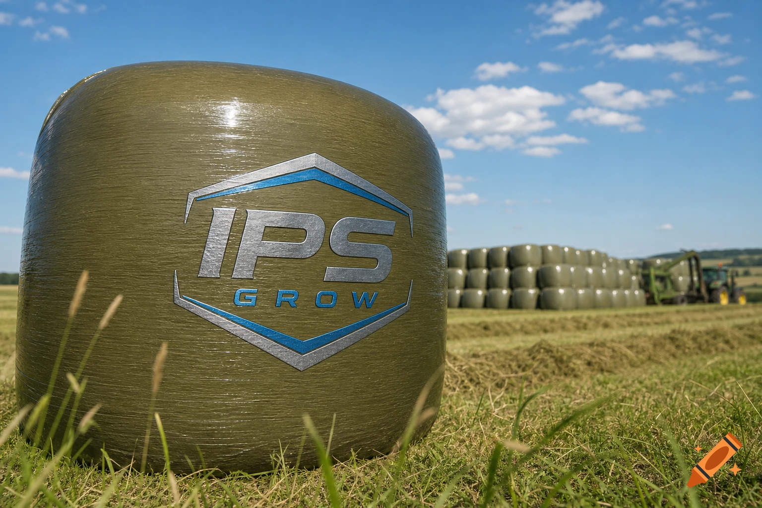 A large green hay bale with an 'IPS GROW' logo stands in a sunny field, with more bales and a tractor in the background.